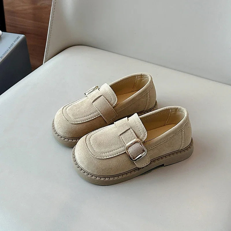 Girls Buckle Loafers with Rounded Toe and Stitched Detail, Brown or Khaki Casual Flats for School Outfits, Spring and Fall Days