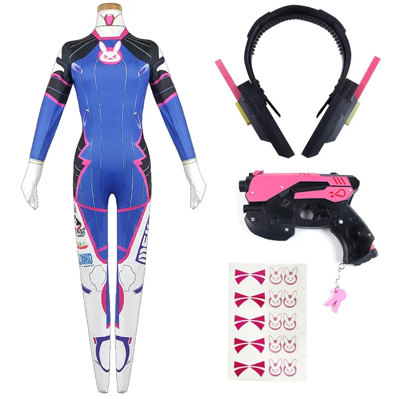 D.va Cosplay Costume and Accessory Options for Women, Blue Character Jumpsuit, Wig, Headset and Prop Selections for Halloween and Conventions