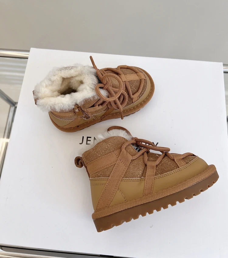 Plush-Lined Toddler Ankle Boots with Lace-Up Front and Side Zipper, Camel or Black Winter Shoes for Boys and Girls, Sizes 18-30