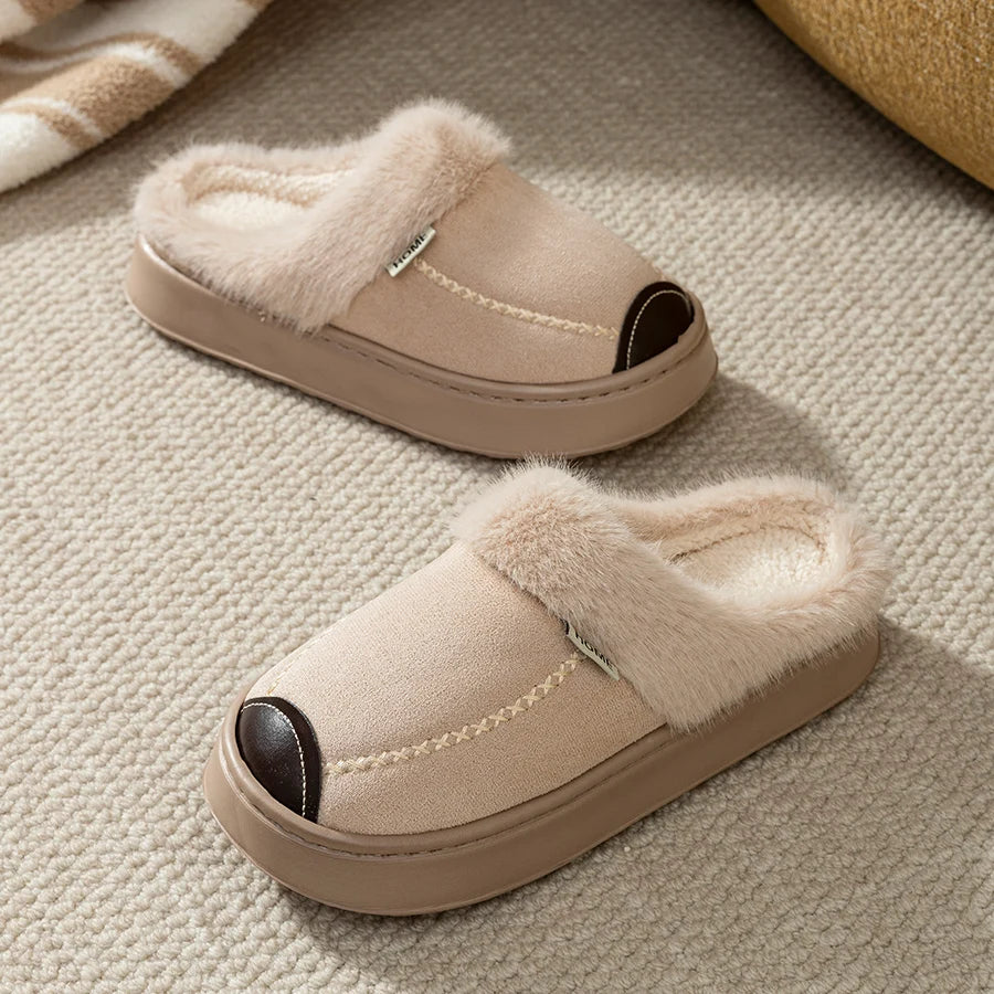 Plush Lined House Slippers with Thick Soles and Decorative Stitching, Cozy Slip-On Indoor Home Shoes in Brown, Beige or Black, Sizes 36-45