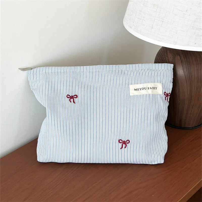 Baby Essentials Pouch with Striped Bow Embroidery and Zipper Closure, Small or Large Diaper Bag Organizer for Toiletries, Makeup and Travel