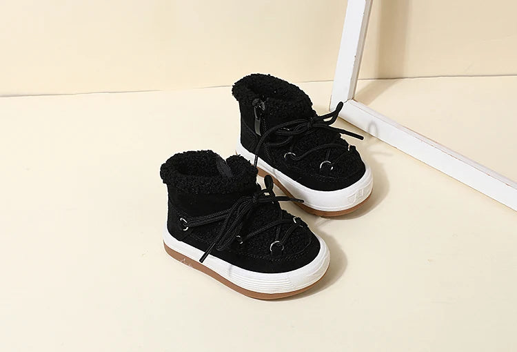 Toddler Plush Ankle Boots with Lace-Up Front, Rubber Soles and Fluffy Trim for Boys and Girls, Beige Black or Pink Cool-Weather Shoes