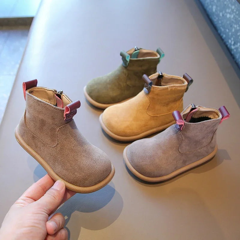 Toddler Suede-Look Ankle Boots with Side Zipper and Colorful Pull Tabs, Green Pink or Yellow Casual Short Boots for Boys and Girls in Sizes 21–30