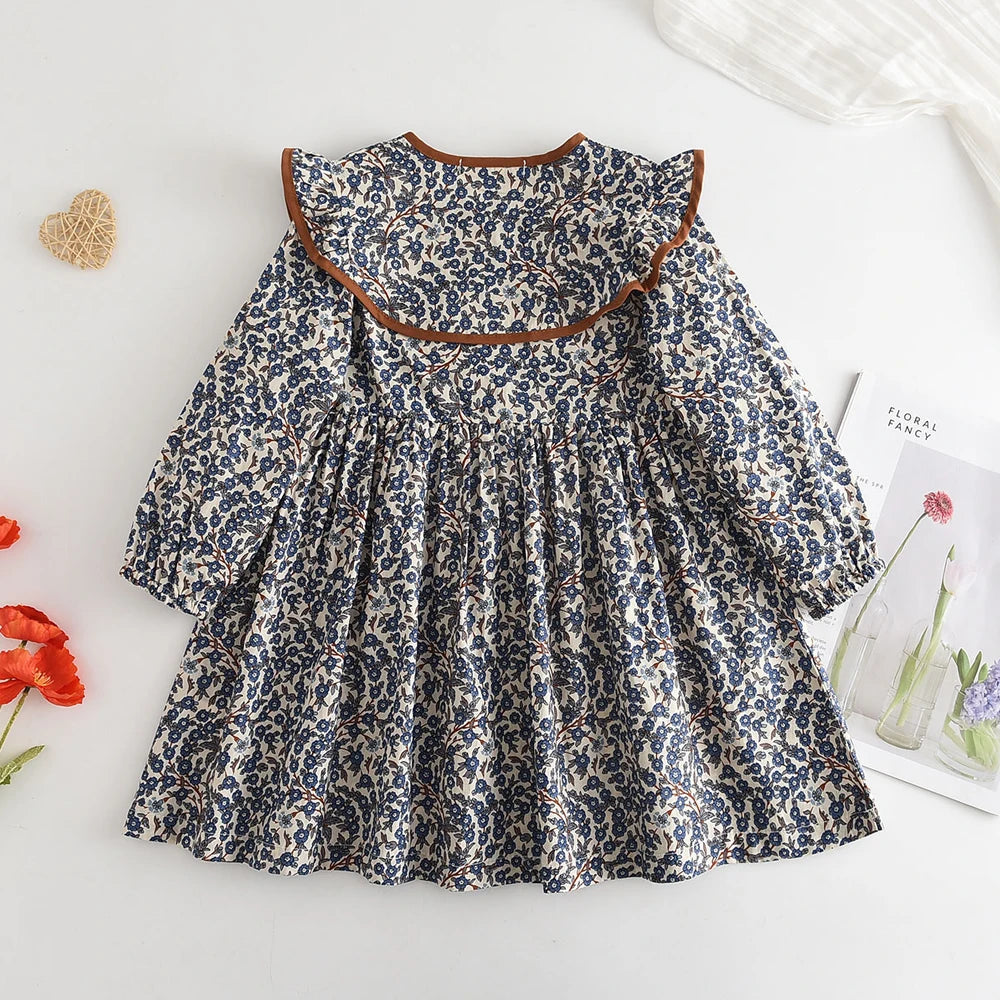Toddler Girls Floral Dress with Oversized Collar and Long Sleeves, Bear Leader Outfit in Sizes 2T–6T for Spring, Fall and Family Photos