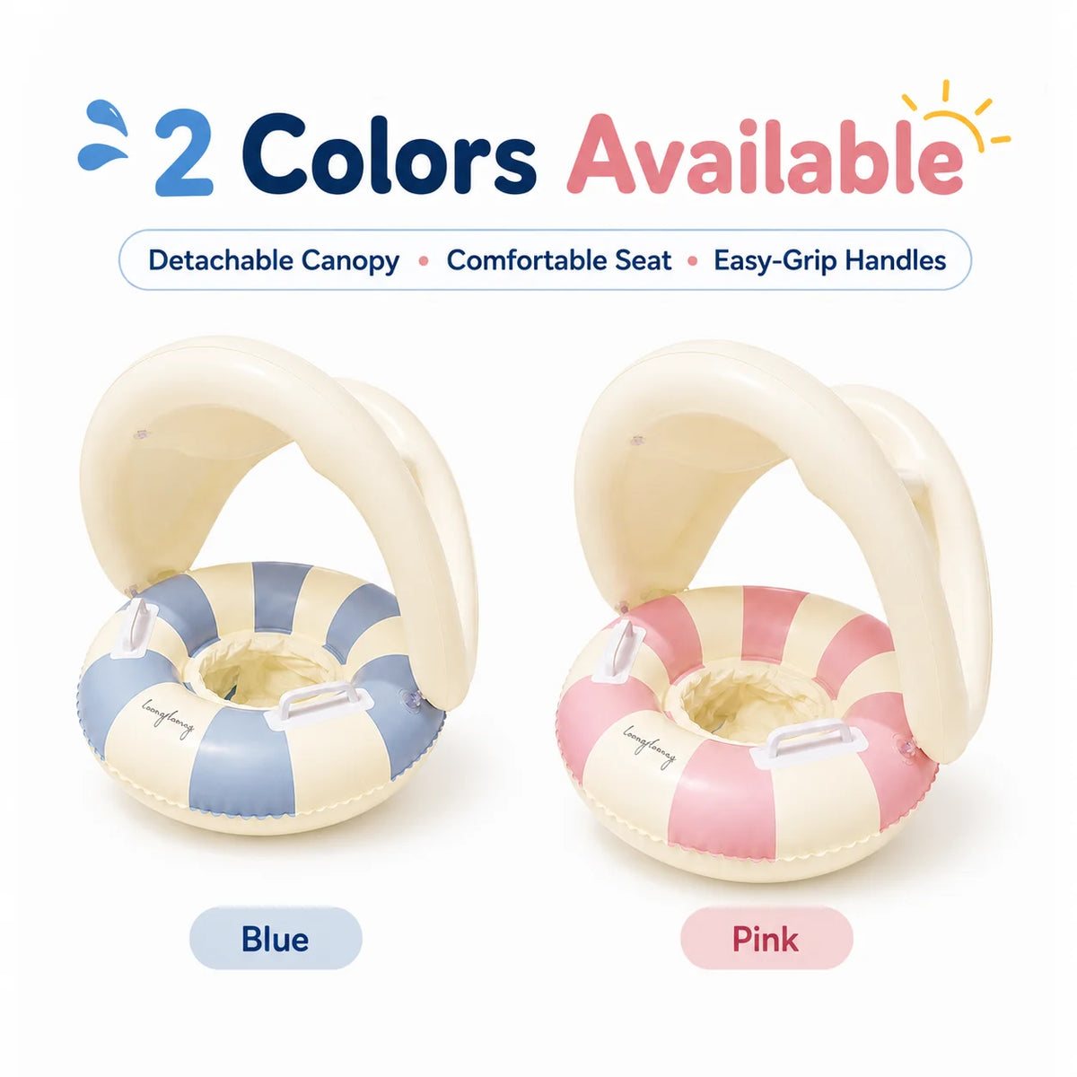 Inflatable Baby Pool Float Seat with Detachable Canopy and Easy-Grip Handles, Retro Striped Swim Ring for Supervised Summer Water Play