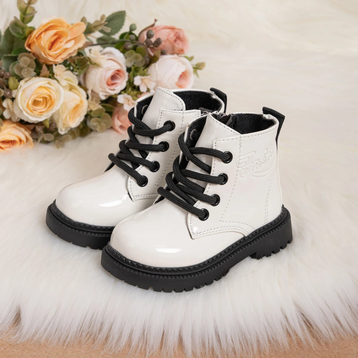 Kids PU Leather Combat Ankle Boots with Lace-Up Front, Side Zipper and Black Chunky Soles, Boys and Girls Fall Winter Shoes in Sizes 21-30