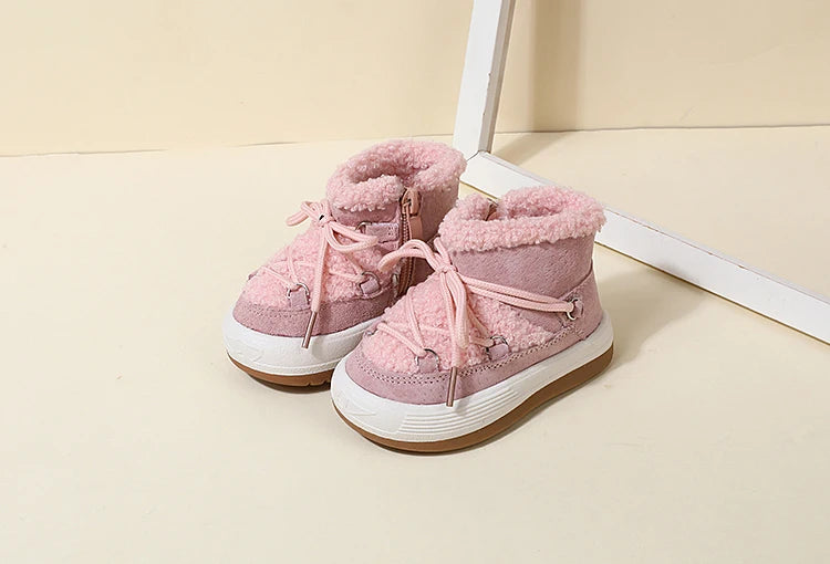 Toddler Plush Ankle Boots with Lace-Up Front, Rubber Soles and Fluffy Trim for Boys and Girls, Beige Black or Pink Cool-Weather Shoes