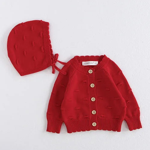 Contrast-Trim Ruffle Collar Baby Girl Cardigan Styles with Button Front and Long Sleeves, Infant and Toddler Knit Sweater Options in Sizes 3M-3T