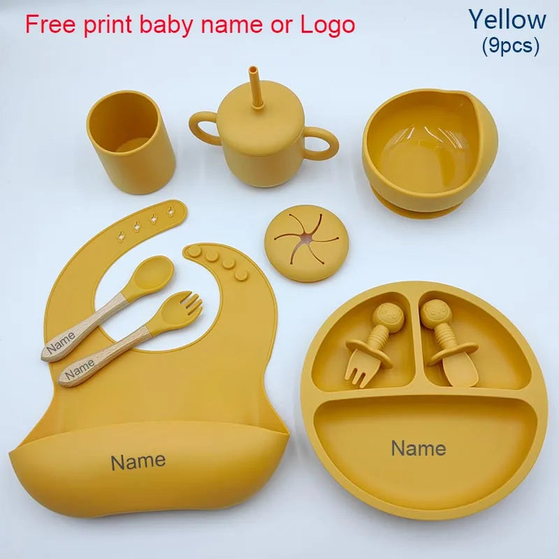 Nine-Piece Personalized Silicone Feeding Set with Suction Bowl, Divided Plate, Pocket Bib, Cups and Utensils for Supervised Baby Mealtimes