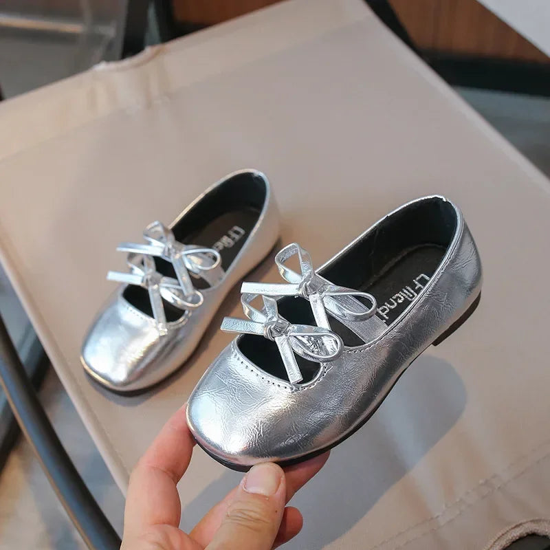 Girls Square-Toe Double-Bow Dress Flats with Cross-Strap Detail in Silver, Black or Gold for Party Outfits, Family Celebrations and Special Occasions