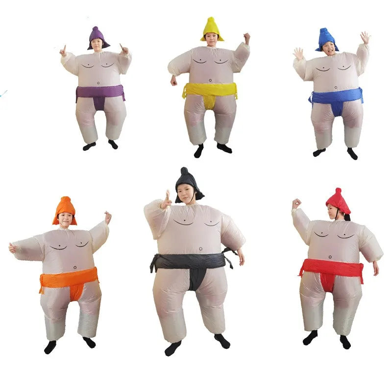 Inflatable Sumo Costume for Kids and Adults, Oversized Wrestler-Style Blow-Up Suit with Colorful Belt Design for Halloween and Cosplay Parties