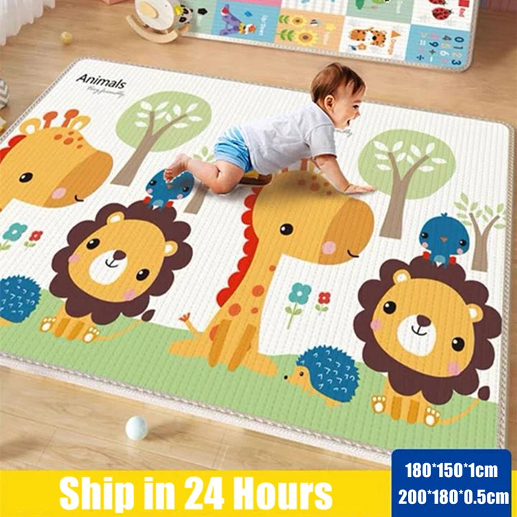 Double-Sided Baby Floor Mat with Animal and Scene Prints, Foldable Foam Crawling Rug in Five Size and Thickness Options for Supervised Play