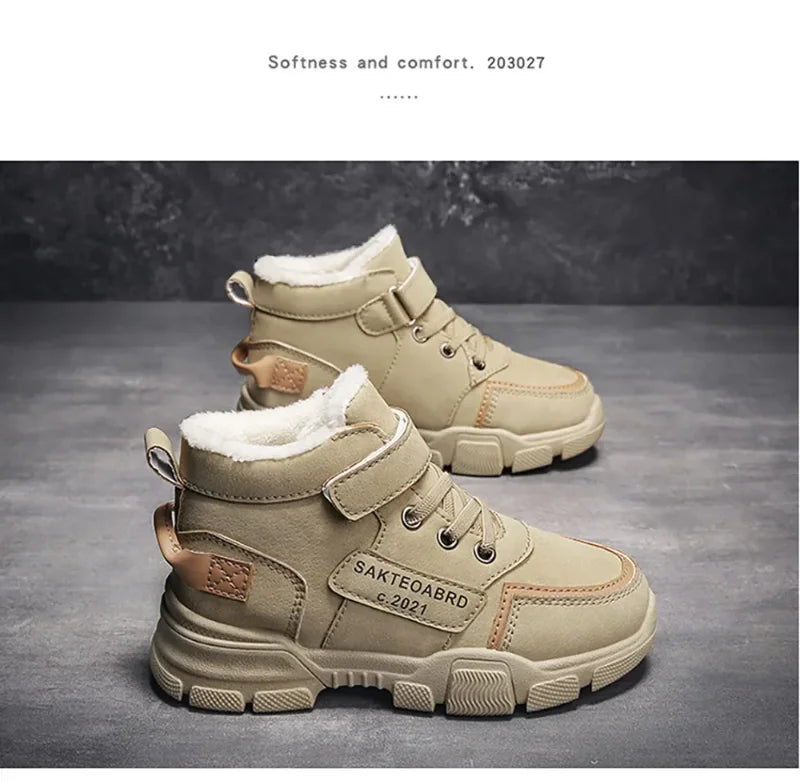 Kids Plush-Lined Winter Boots with Hook-and-Loop Ankle Strap and Lace-Up Front, Gray or Khaki High-Top Casual Shoes with Chunky Sole in Sizes 26–37
