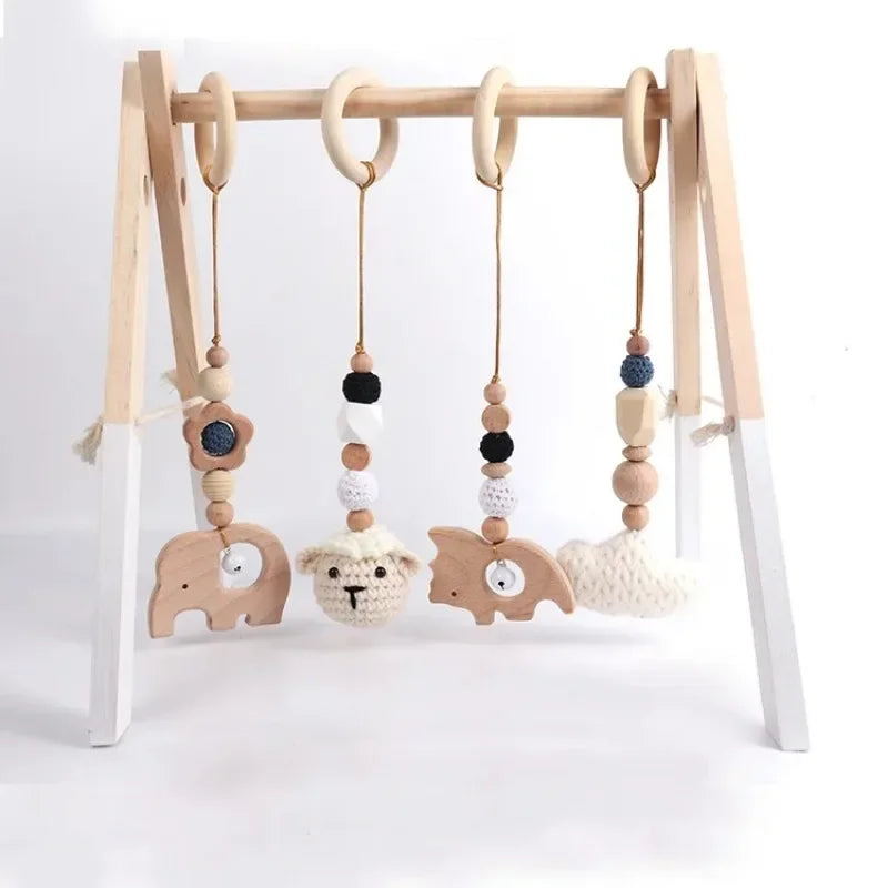 Beech Wood Baby Gym Toy Set, 4 Hanging Animal Pendants with Yarn Details and 5.8 cm Rings for Supervised Looking and Reaching, Frame Not Included