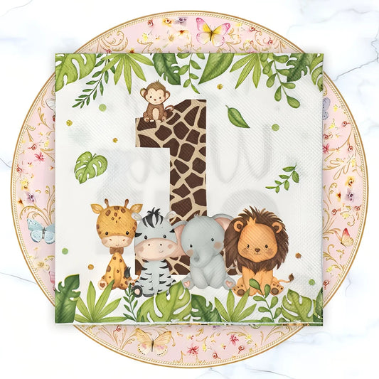 Jungle Animal First Birthday Napkins with Number 1, Safari Paper Table Napkins in 20, 60, 80 or 100-Piece Options for Kids Party Tables