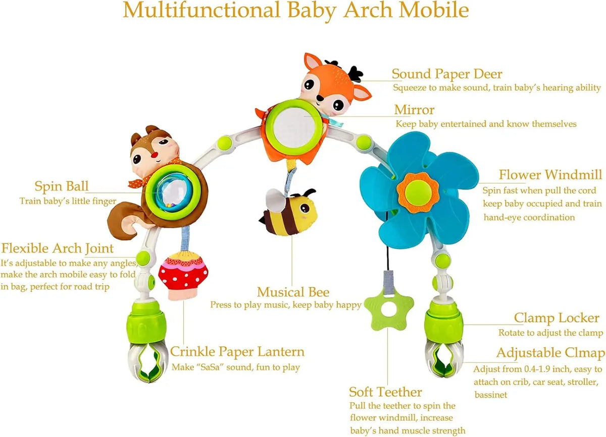 Adjustable Baby Activity Arch with Clamp-On Animal Toys, Colorful Stroller Play Bar for Supervised Sensory Exploration and Baby Shower Gifts