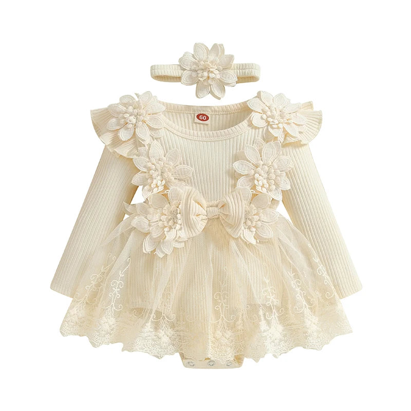 Baby Girl Romper Dress and Headband Set with 3D Flowers, Bow and Mesh Skirt, Long Sleeve Ribbed Cotton-Blend Outfit in Five Colors, 3M-18M