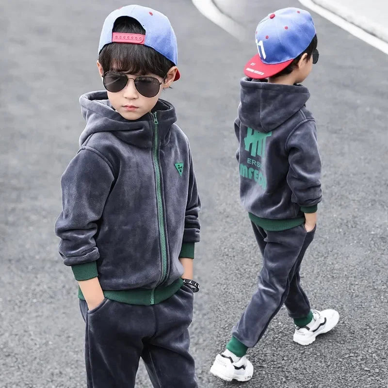 Boys Winter Tracksuit Set with Velvet-Texture Zip-Up Hooded Jacket and Matching Pants, 2-Piece Polyester Outfit for Ages 3-10