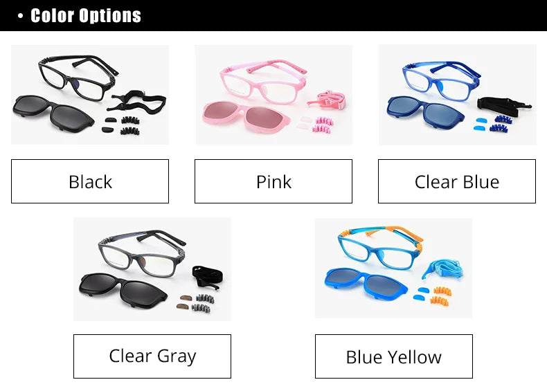 Kids Clip-On Sunglasses by Ralferty, 2-in-1 Children's Eyeglass Frame with Polarized Sun Clip for Everyday Outings and Family Travel