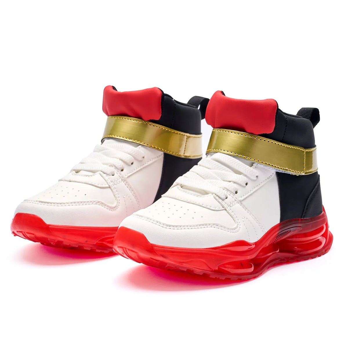 Shadow-Inspired High-Top Sneakers with Red Soles, White and Black Panels and Gold Strap Detail for Kids, Teens and Adult Casual Outfits