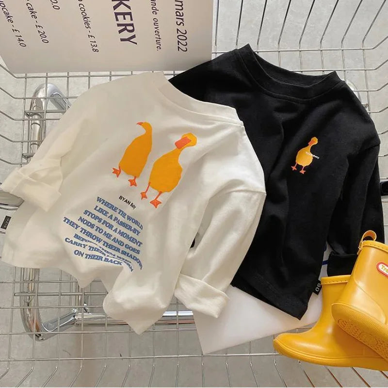 Duck Print Kids Long Sleeve T-Shirt with Crewneck and Letter Graphic, Loose Cotton Casual Top in White or Black for Spring Outfits, Sizes 90-140