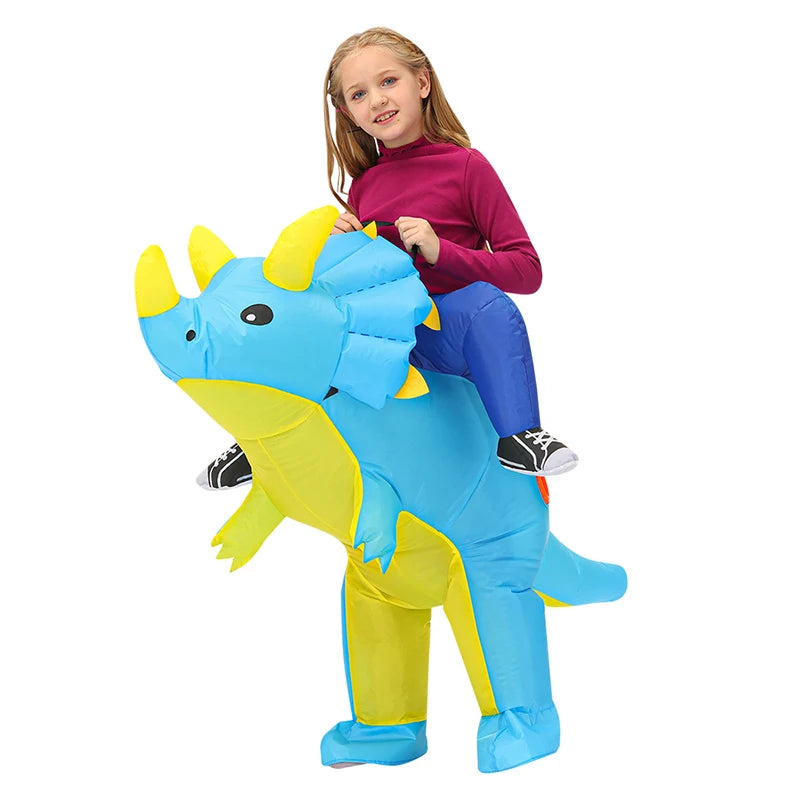 Inflatable Dinosaur Costume for Kids, Ride-On Style Dress-Up Outfit with Fan for Halloween, Birthday Parties and Holiday Cosplay