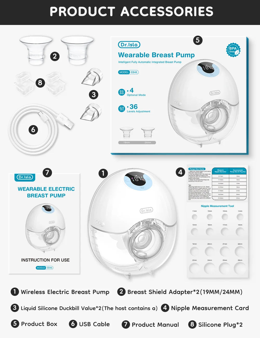 Single Wearable Breast Pump, Dr.ISLA EB46 Hands-Free Electric Milk Collector with 4 Modes, 36 Levels, LED Display and 210 mL Capacity