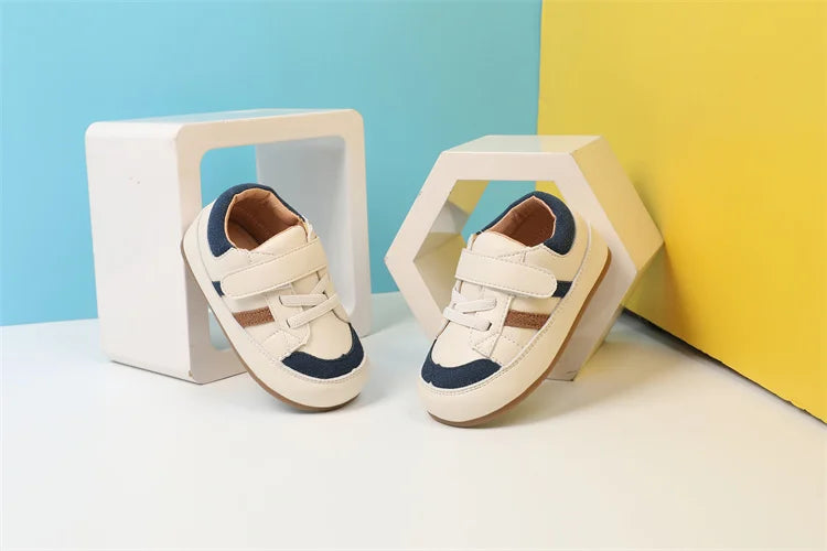 Baby Colorblock Strap Sneakers in Microfiber Leather, DIMI Low-Top Casual Shoes for Boys and Girls in Blue Pink or Brown, Spring and Fall Outfits