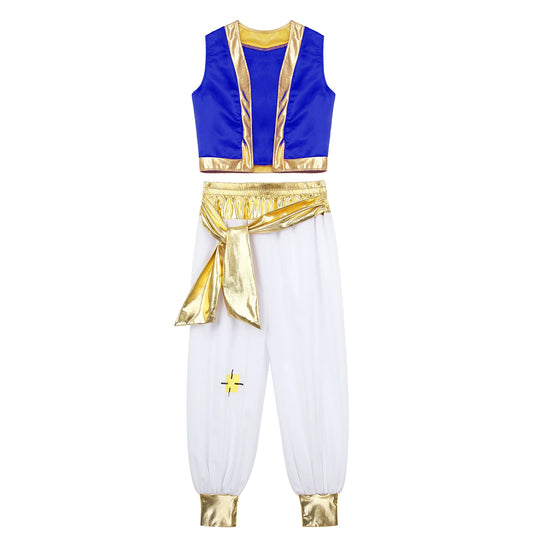 Kids Arabian Prince Costume Set with Gold-Trim Vest and Harem Pants for Boys Halloween Dress-Up, Carnival Parties and Stage Performances