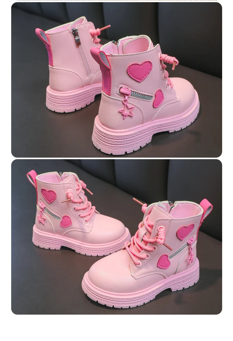 Girls Heart Ankle Boots with Lace-Up Front, Side Zipper and Star Accents, Pink or Black Fashion Shoes with Optional Plush Lining, Sizes 26–37