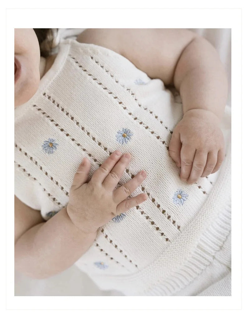 Sleeveless Baby Girl Bodysuit with Floral Cotton Knit and Tie Shoulders, White Openwork Summer One-Piece Outfit for Family Photos, 0-24M