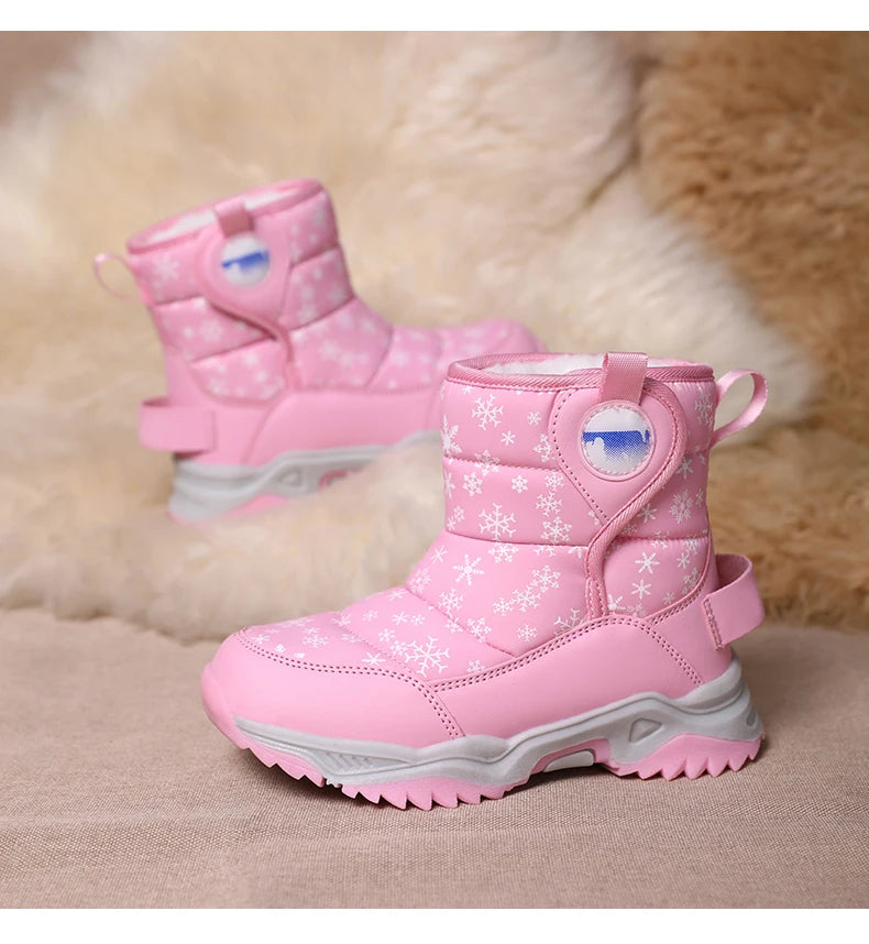 Snowflake Print Kids Winter Boots with Padded Shafts, Pull Tabs and Chunky Tread Soles, Pink Snow-Style Footwear for Boys and Girls