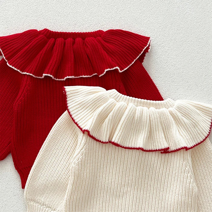 Contrast-Trim Ruffle Collar Baby Girl Cardigan Styles with Button Front and Long Sleeves, Infant and Toddler Knit Sweater Options in Sizes 3M-3T