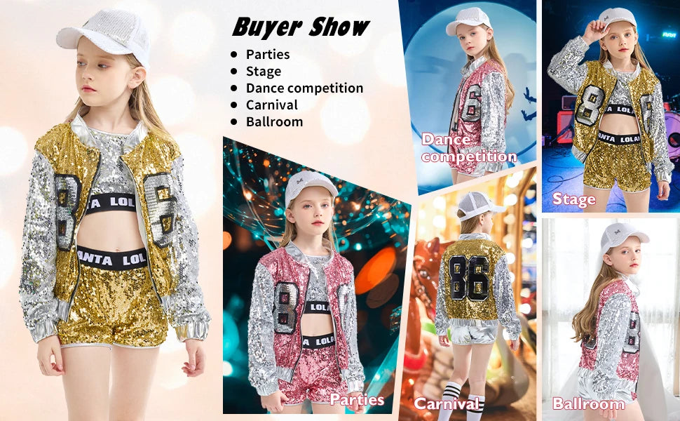 Girls Sequin Hip Hop Dance Costume Set with Metallic Trim Jacket, Crop Top, Shorts and Striped Socks for Jazz Recitals and Stage Performances
