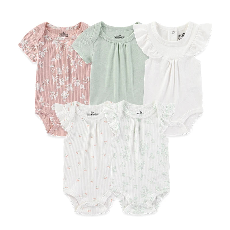 Cotton Baby Bodysuit Set of 5, Short Sleeve and Sleeveless Infant Clothing Styles with Solid Colors and Prints for Boys and Girls, 3M-12M