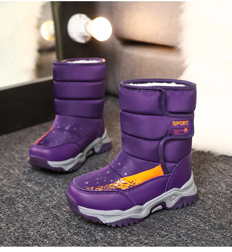 Kids Plush-Lined Winter Boots with Padded Shafts and Front Flap Closures, Pink or Purple Snow-Style Footwear for Boys and Girls