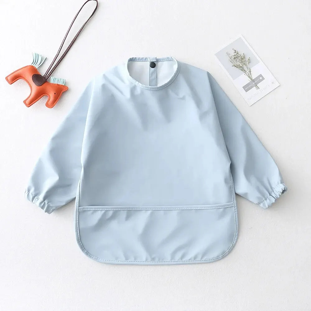 Long Sleeve Feeding Bib for Babies and Toddlers, Solid Color Polyester Mealtime Apron with Front Pocket for Snacks and Messy Art Play