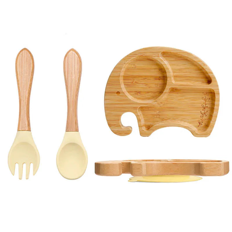 Baby Bamboo Suction Plate Set with Wooden-Handle Spoon and Fork, 3-Piece Cartoon Dinnerware with Divided Elephant Design for Toddler Meals