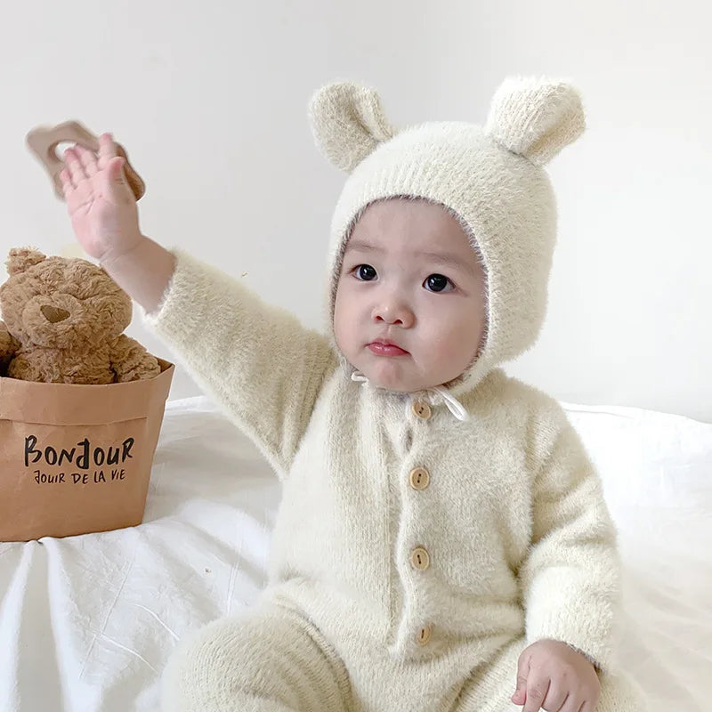 Plush Baby Footed Jumpsuit with Button Front, Bear-Inspired Autumn Winter One-Piece Outfit for Boys and Girls in Four Colors