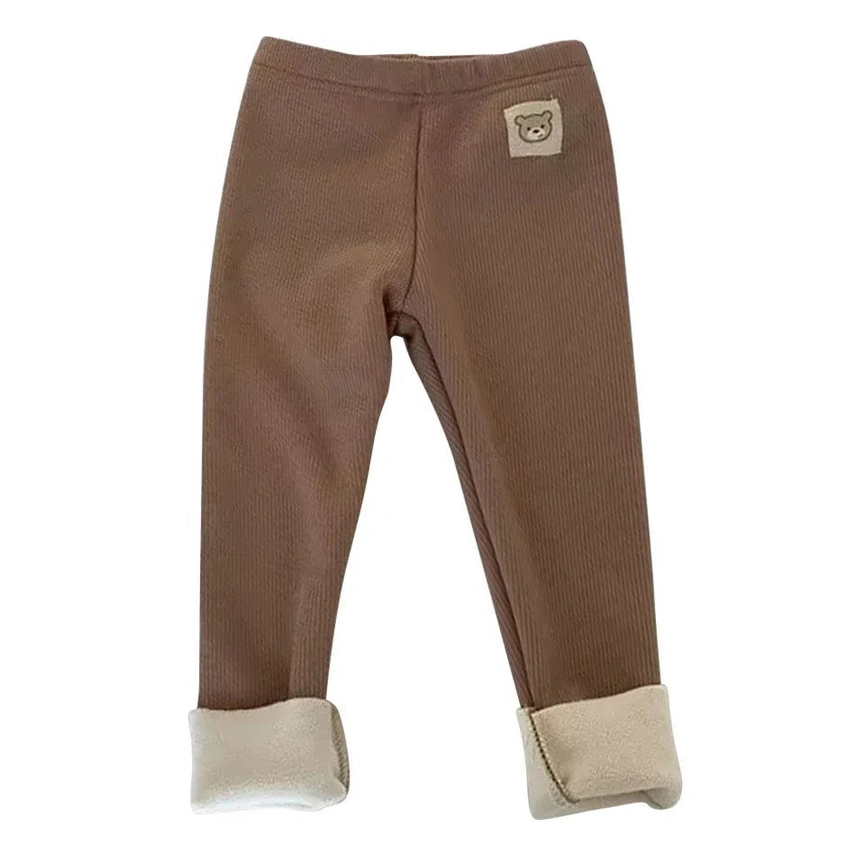Ribbed Toddler Fleece Lined Pants with Bear Patch, Elastic Waist Pull-On Winter Trousers for Boys and Girls, Listed Sizes 12M to 6T