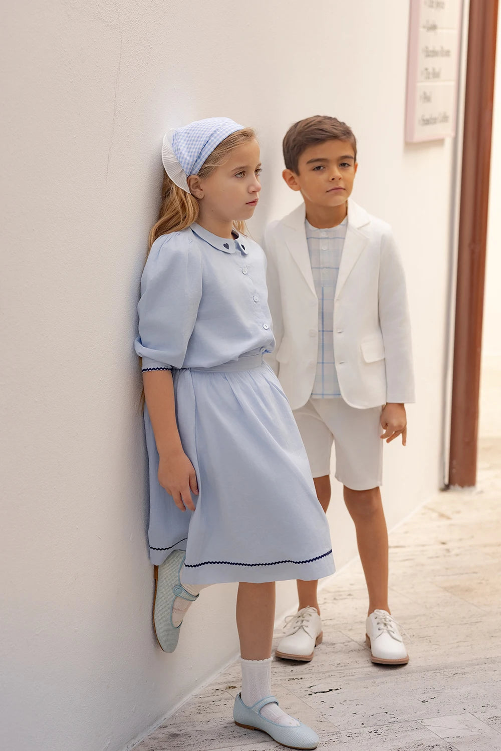 Light Blue Sibling Matching Outfits with Cotton Girls Collared Dresses, Baby Rompers and Boys Plaid Sets, Lyocell Knit Tops and White Separates
