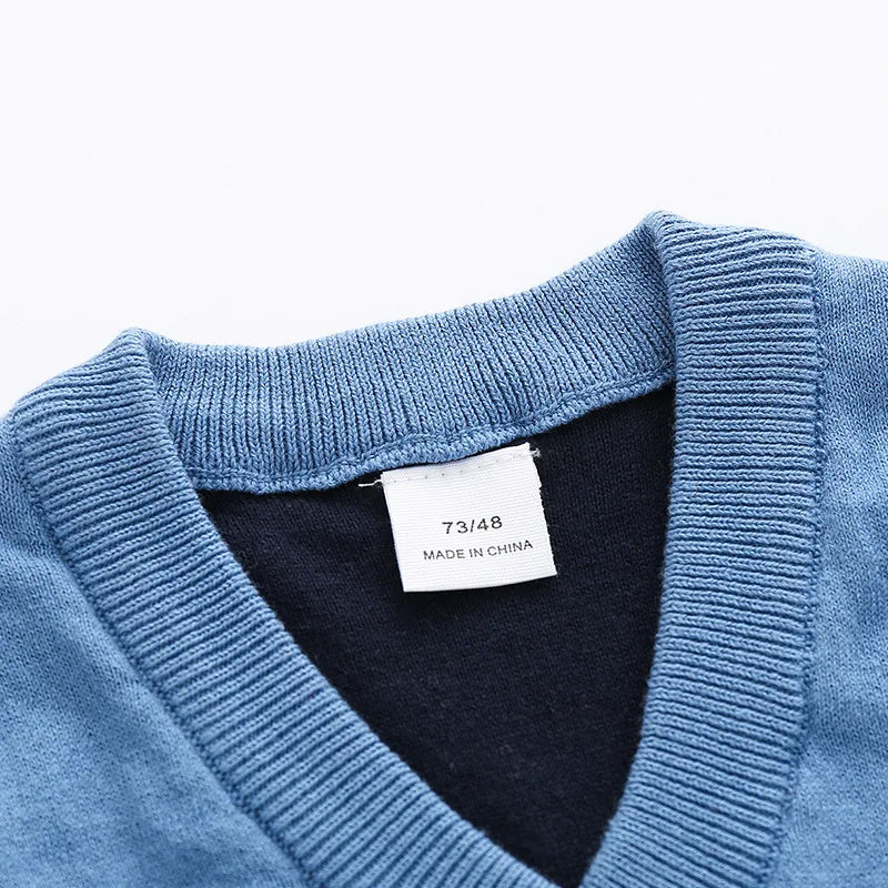 Blue V-Neck Baby Sweater Vest with Bus and Character Knit Pattern, Sleeveless Pullover with Ribbed Trim for Infant and Toddler Layering, 6M–3T
