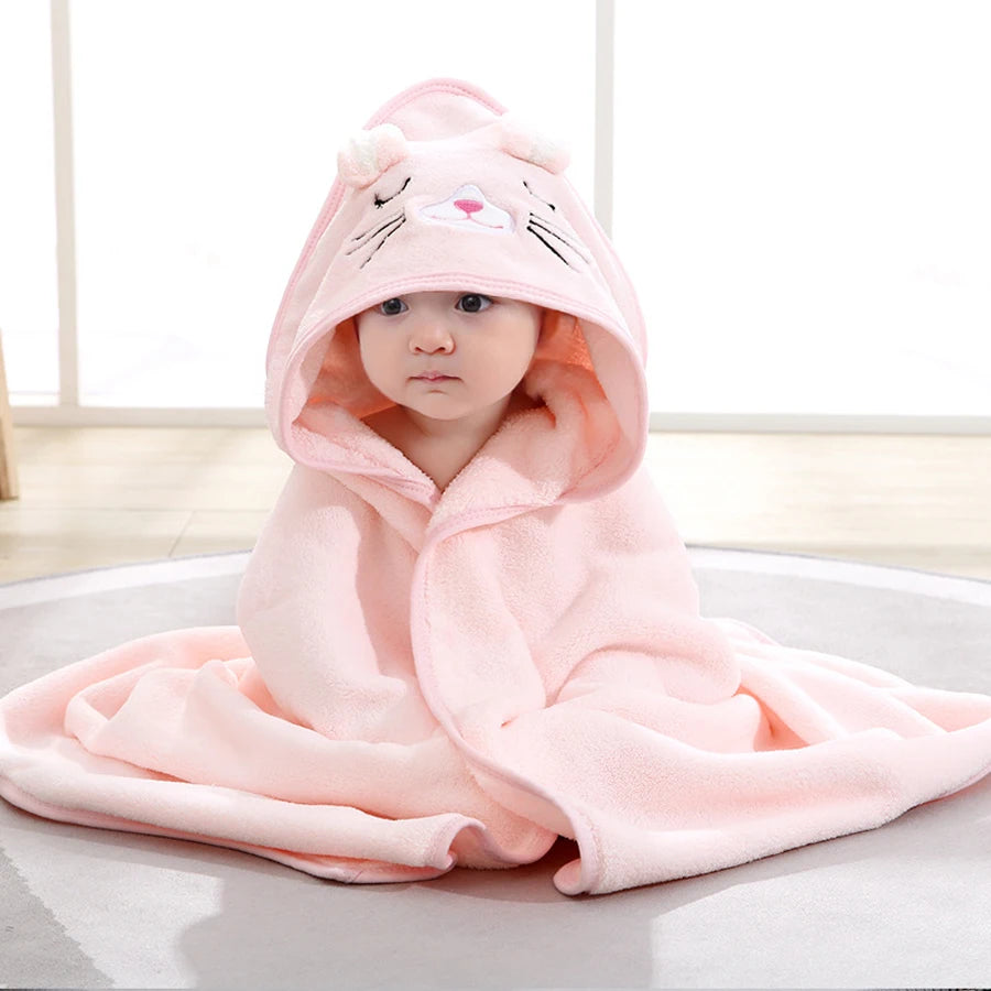 Animal Hooded Baby Towel in Soft Coral Fleece, Newborn Bath Wrap with Six Cute Character Styles for After-Bath, Pool and Beach Drying