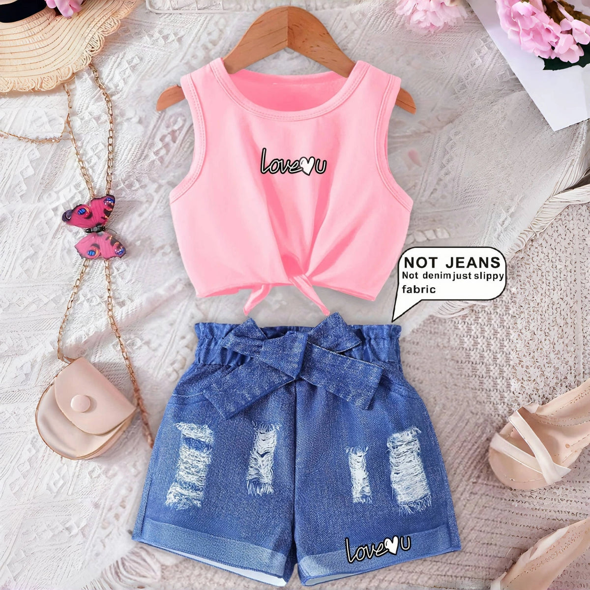 Girls Tank Top and Shorts Set with Love You Graphic, Front Tie Sleeveless Top and Blue Distressed Look Bow Waist Shorts for Summer Casual Outfits