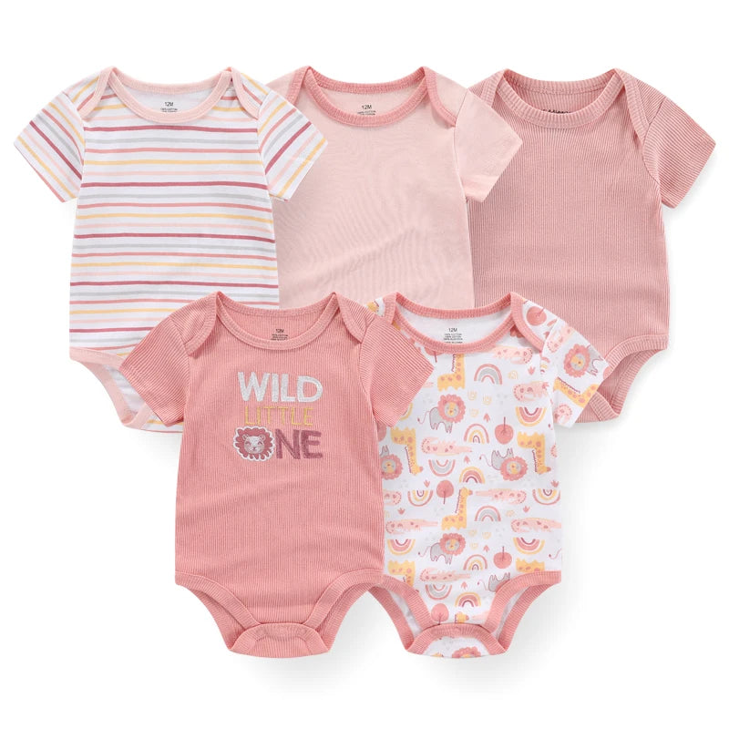 Cotton Baby Bodysuit Set of 5, Short Sleeve and Sleeveless Infant Clothing Styles with Solid Colors and Prints for Boys and Girls, 3M-12M