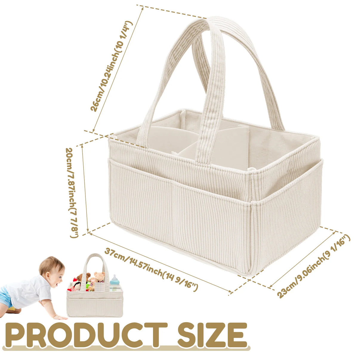 Portable Diaper Caddy Basket in Beige Corduroy with Dividers, Multiple Pockets and Carry Handles for Nursery Organization and Baby Changing Supplies