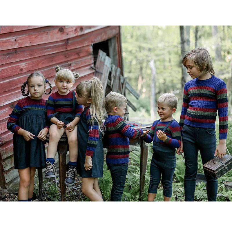 Striped Cable Knit Sibling Outfits with Dark Denim Jumper Dresses, Skirts and Pants, Coordinating Boys Girls Sweaters and Baby Romper Options