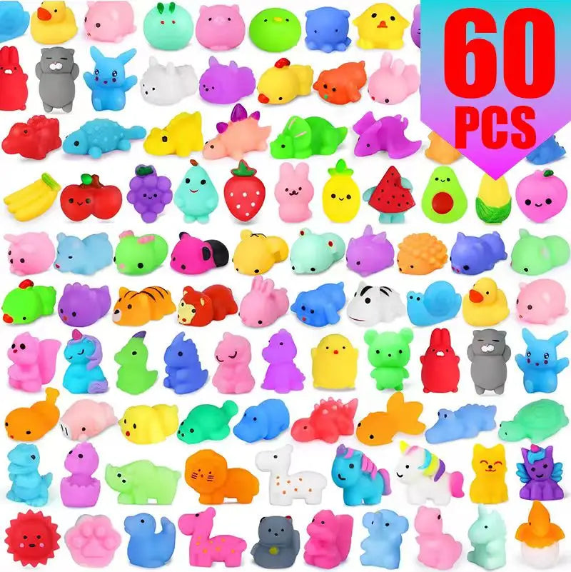 Mochi Squishy Party Favors, Mini Animal and Fruit Squeeze Fidget Toys in Random Assorted Packs for Birthday Goodie Bags and Classroom Prizes