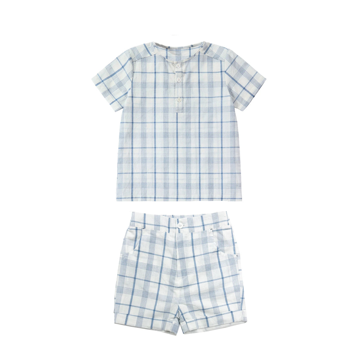 Light Blue Sibling Matching Outfits with Cotton Girls Collared Dresses, Baby Rompers and Boys Plaid Sets, Lyocell Knit Tops and White Separates