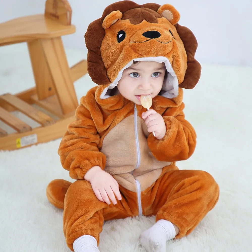 Animal Kigurumi Costume for Babies and Toddlers, Hooded Flannel Jumpsuit with Long Sleeves for Halloween Dress-Up and Family Photos